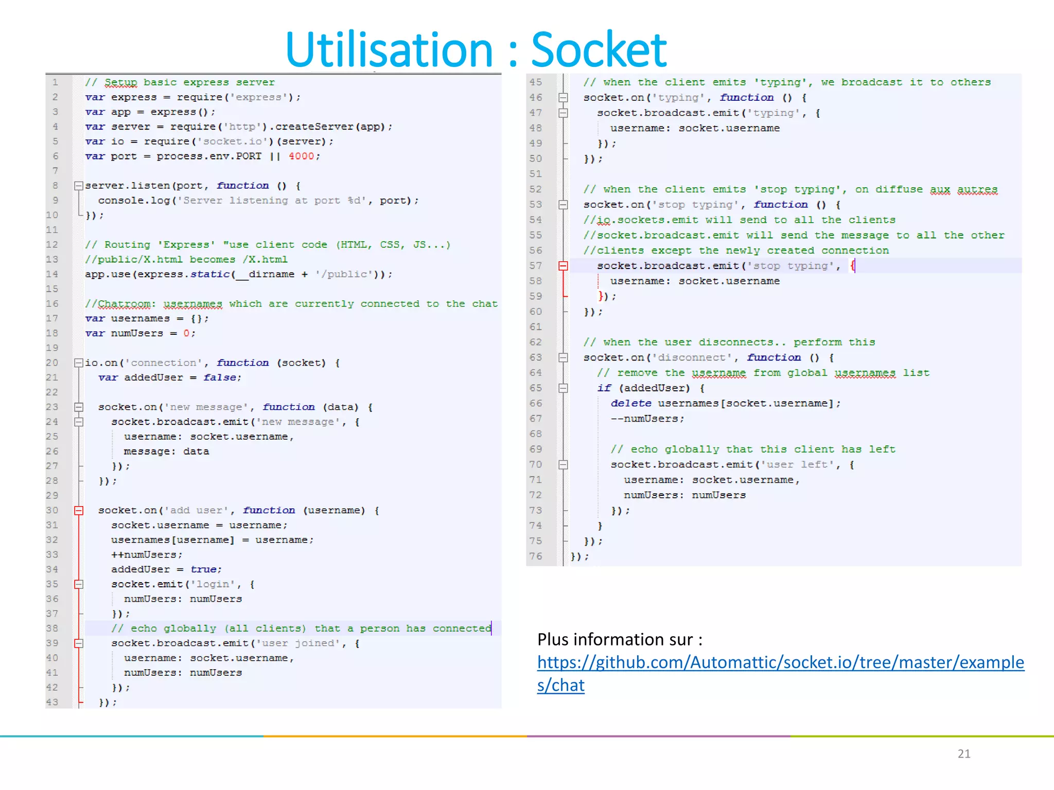 21
Utilisation : Socket
Plus information sur :
https://github.com/Automattic/socket.io/tree/master/example
s/chat
 