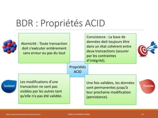 BDR : Propriétés ACID
https://inesslimene.wixsite.com/moncours BASES DE DONNÉES NOSQL 17
Propriétés
ACID
Atomicité : Toute transaction
doit s'exécuter entièrement
sans erreur ou pas du tout
Les modifications d’une
transaction ne sont pas
visibles par les autres tant
qu’elle n’a pas été validée.
Une fois validées, les données
sont permanentes jusqu’à
leur prochaine modification
(persistance).
Consistance : La base de
données doit toujours être
dans un état cohérent entre
deux transactions (assurer
par les contraintes
d’intégrité).
 