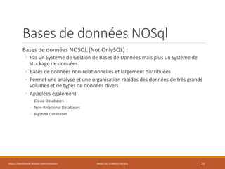 Bases de données NOSql
Bases de données NOSQL (Not OnlySQL) :
◦ Pas un Système de Gestion de Bases de Données mais plus un système de
stockage de données.
◦ Bases de données non-relationnelles et largement distribuées
◦ Permet une analyse et une organisation rapides des données de très grands
volumes et de types de données divers
◦ Appelées également
◦ Cloud Databases
◦ Non-Relational Databases
◦ BigData Databases
https://inesslimene.wixsite.com/moncours BASES DE DONNÉES NOSQL 20
 