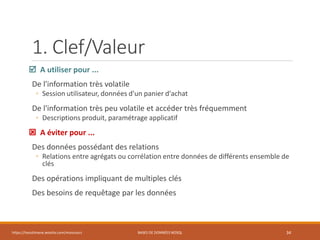 1. Clef/Valeur
 A utiliser pour ...
De l'information très volatile
◦ Session utilisateur, données d'un panier d'achat
De l'information très peu volatile et accéder très fréquemment
◦ Descriptions produit, paramétrage applicatif
 A éviter pour ...
Des données possédant des relations
◦ Relations entre agrégats ou corrélation entre données de différents ensemble de
clés
Des opérations impliquant de multiples clés
Des besoins de requêtage par les données
https://inesslimene.wixsite.com/moncours BASES DE DONNÉES NOSQL 34
 