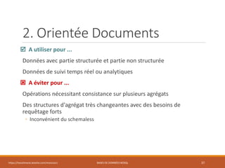2. Orientée Documents
 A utiliser pour ...
Données avec partie structurée et partie non structurée
Données de suivi temps réel ou analytiques
 A éviter pour ...
Opérations nécessitant consistance sur plusieurs agrégats
Des structures d'agrégat très changeantes avec des besoins de
requêtage forts
◦ Inconvénient du schemaless
https://inesslimene.wixsite.com/moncours BASES DE DONNÉES NOSQL 37
 