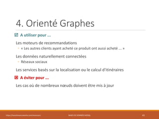 4. Orienté Graphes
 A utiliser pour ...
Les moteurs de recommandations
◦ « Les autres clients ayant acheté ce produit ont aussi acheté ... »
Les données naturellement connectées
◦ Réseaux sociaux
Les services basés sur la localisation ou le calcul d'itinéraires
 A éviter pour ...
Les cas où de nombreux nœuds doivent être mis à jour
https://inesslimene.wixsite.com/moncours BASES DE DONNÉES NOSQL 43
 