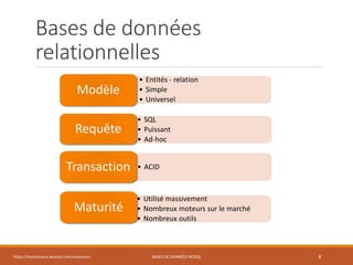 Bases de données
relationnelles
https://inesslimene.wixsite.com/moncours BASES DE DONNÉES NOSQL 8
• Entités - relation
• Simple
• Universel
Modèle
• SQL
• Puissant
• Ad-hoc
Requête
• ACIDTransaction
• Utilisé massivement
• Nombreux moteurs sur le marché
• Nombreux outils
Maturité
 