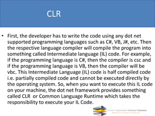 • First, the developer has to write the code using any dot net
supported programming languages such as C#, VB, J#, etc. Th...