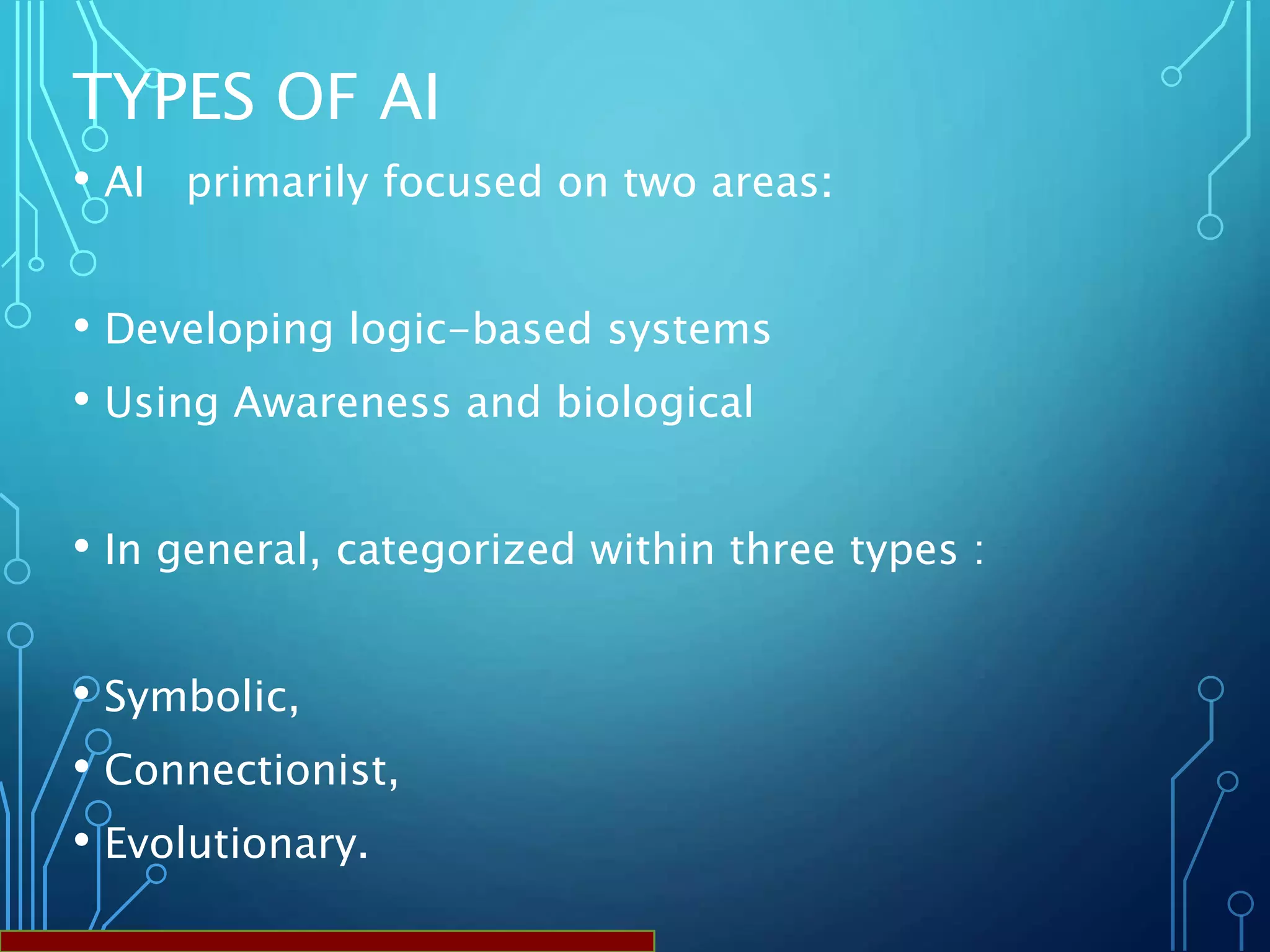 TYPES OF AI
• AI primarily focused on two areas:
• Developing logic-based systems
• Using Awareness and biological
• In general, categorized within three types :
• Symbolic,
• Connectionist,
• Evolutionary.
 