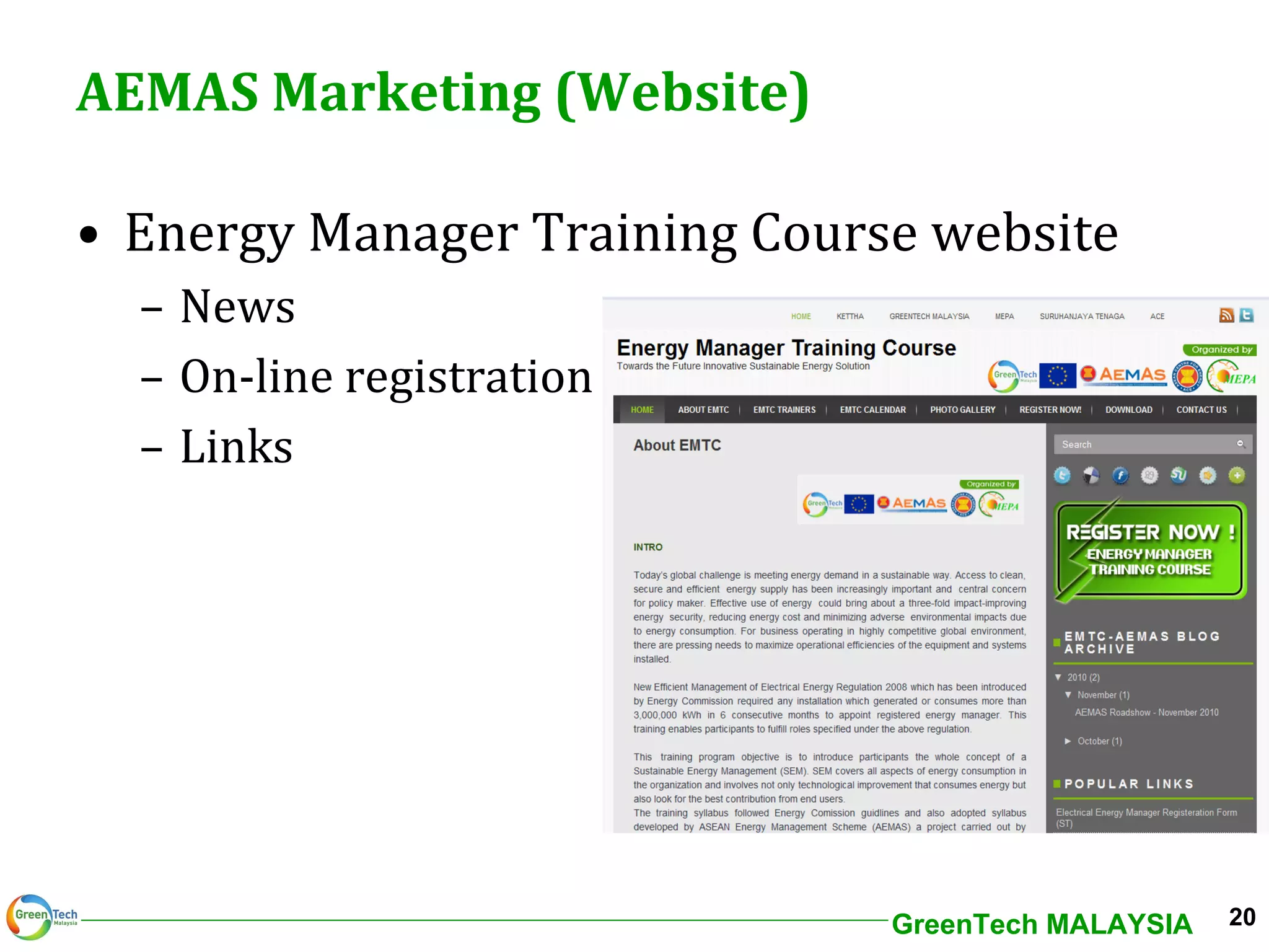 AEMAS Marketing (Website) Energy Manager Training Course website News On-line registration Links 