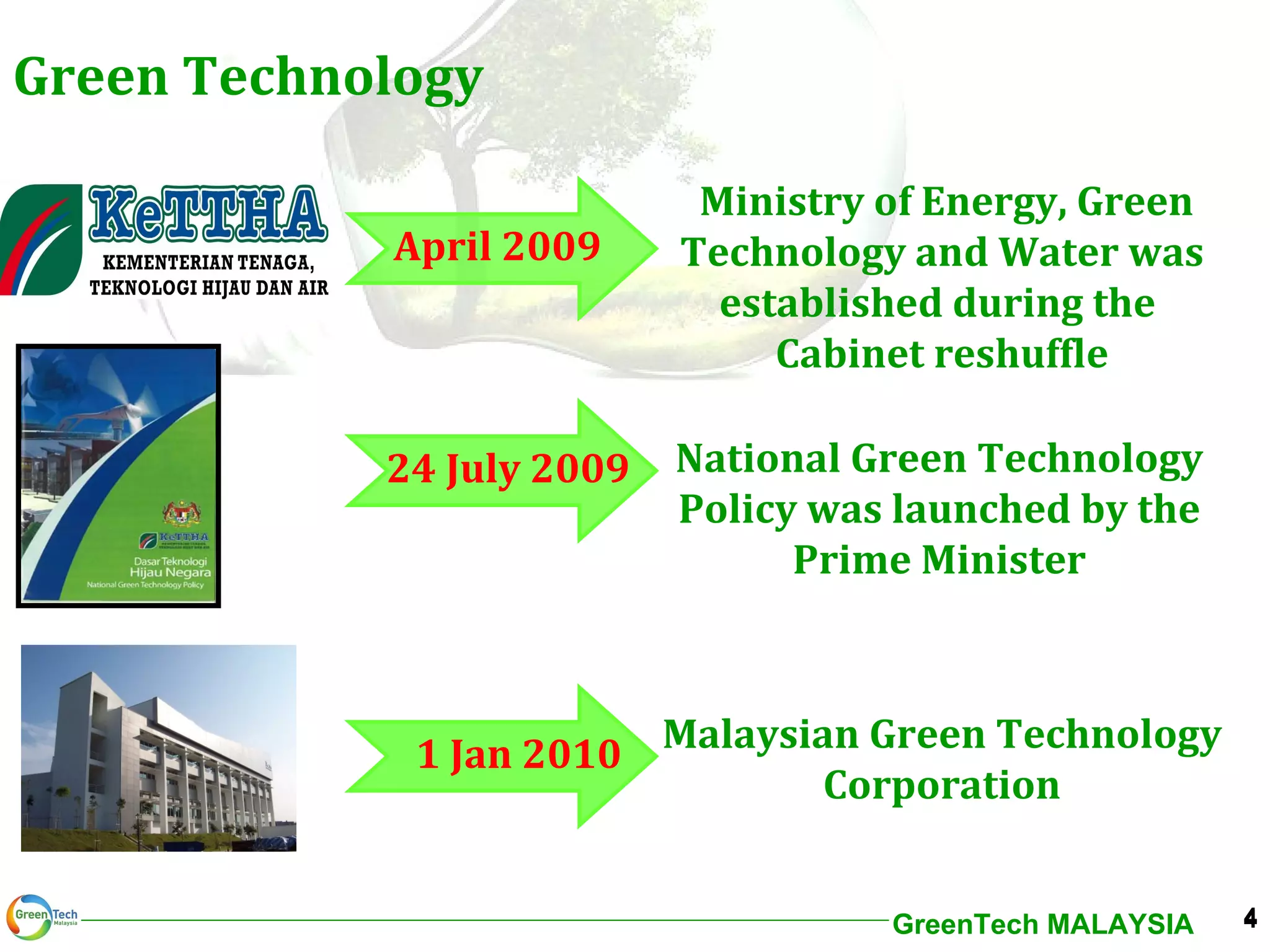 Green Technology  Ministry of Energy, Green Technology and Water was established during the  Cabinet reshuffle National Green Technology Policy was launched by the Prime Minister Malaysian Green Technology Corporation April 2009 24 July 2009 1 Jan 2010 