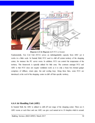 AIR-CONDITIONING
Building Services (BLD 60903) March 2017 14
Diagram 4.22 & Diagram 4.23 FCU at Summit.
Fundamentally, Fan Coil Unit (FCU) serves an indistinguishable capacity from AHU yet it
works in a littler scale. In Summit Mall, FCU used to chill off certain territory of the shopping
center, for instance the PC server room. In addition, FCU can control the temperature of the
territory. This framework is typically utilized for little zone. The contrasts amongst FCU and
AHU is that FCU does not require ventilation work as it is only a basic box formed gadget
comprises of diffuser, return pipe, fan and cooling loop. Along these lines, some FCU are
introduced at the roof of the shopping center to chill off that specific territory.
4.4.4 Air Handling Unit (AHU)
In Summit Mall, the AHU is utilized to chill off vast range of the shopping center. There are 6
AHU rooms at each floor and one AHU can give cool natural air to 10 shoplots which is around
 