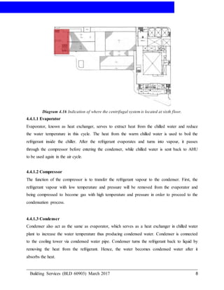 AIR-CONDITIONING
Building Services (BLD 60903) March 2017 8
Diagram 4.16 Indication of where the centrifugal system is located at sixth floor.
4.4.1.1 Evaporator
Evaporator, known as heat exchanger, serves to extract heat from the chilled water and reduce
the water temperature in this cycle. The heat from the warm chilled water is used to boil the
refrigerant inside the chiller. After the refrigerant evaporates and turns into vapour, it passes
through the compressor before entering the condenser, while chilled water is sent back to AHU
to be used again in the air cycle.
4.4.1.2 Compressor
The function of the compressor is to transfer the refrigerant vapour to the condenser. First, the
refrigerant vapour with low temperature and pressure will be removed from the evaporator and
being compressed to become gas with high temperature and pressure in order to proceed to the
condensation process.
4.4.1.3 Condenser
Condenser also act as the same as evaporator, which serves as a heat exchanger in chilled water
plant to increase the water temperature thus producing condensed water. Condenser is connected
to the cooling tower via condensed water pipe. Condenser turns the refrigerant back to liquid by
removing the heat from the refrigerant. Hence, the water becomes condensed water after it
absorbs the heat.
 