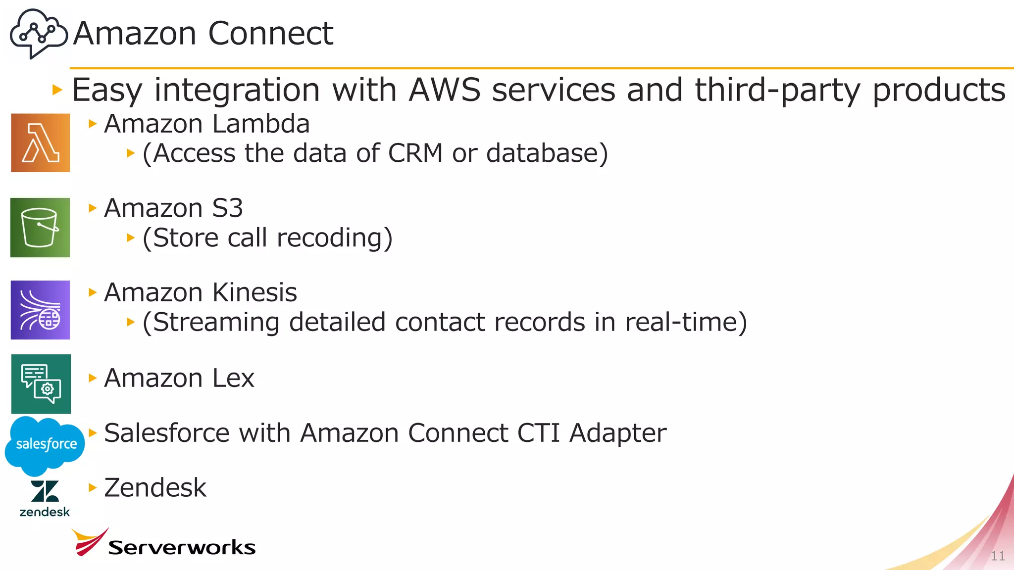 Amazon Connect
▸Easy integration with AWS services and third-party products
▸Amazon Lambda
▸(Access the data of CRM or database)
▸Amazon S3
▸(Store call recoding)
▸Amazon Kinesis
▸(Streaming detailed contact records in real-time)
▸Amazon Lex
▸Salesforce with Amazon Connect CTI Adapter
▸Zendesk
11
 