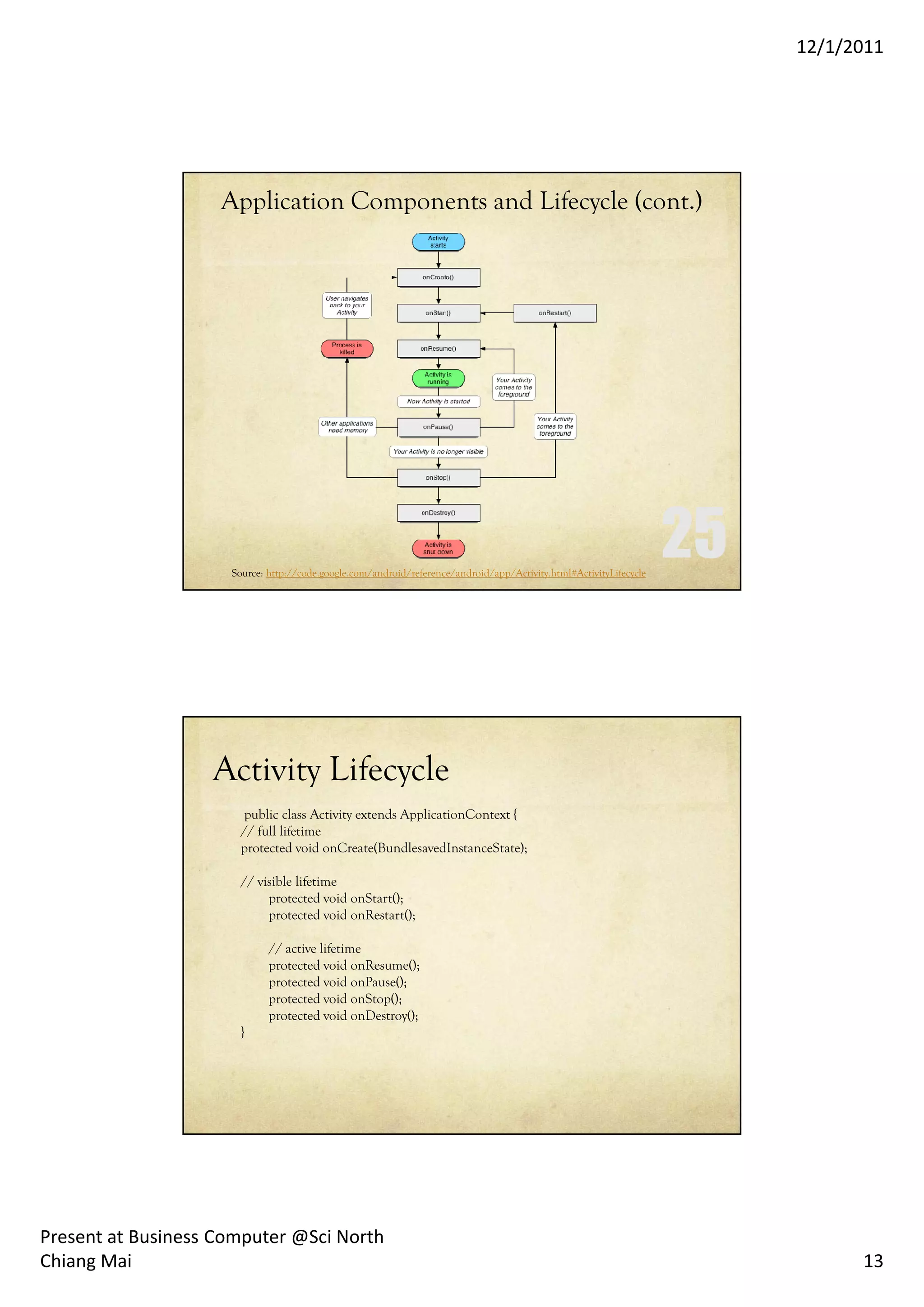 12/1/2011




                    Application Components and Lifecycle (cont.)




                     Source: http://code.google.com/android/reference/android/app/Activity.html#ActivityLifecycle




                   Activity Lifecycle
                        public class Activity extends ApplicationContext {
                       // full lifetime
                       protected void onCreate(BundlesavedInstanceState);

                       // visible lifetime
                            protected void onStart();
                            protected void onRestart();

                             // active lifetime
                             protected void onResume();
                             protected void onPause();
                             protected void onStop();
                             protected void onDestroy();
                       }




Present at Business Computer @Sci North
Chiang Mai                                                                                                                13
 