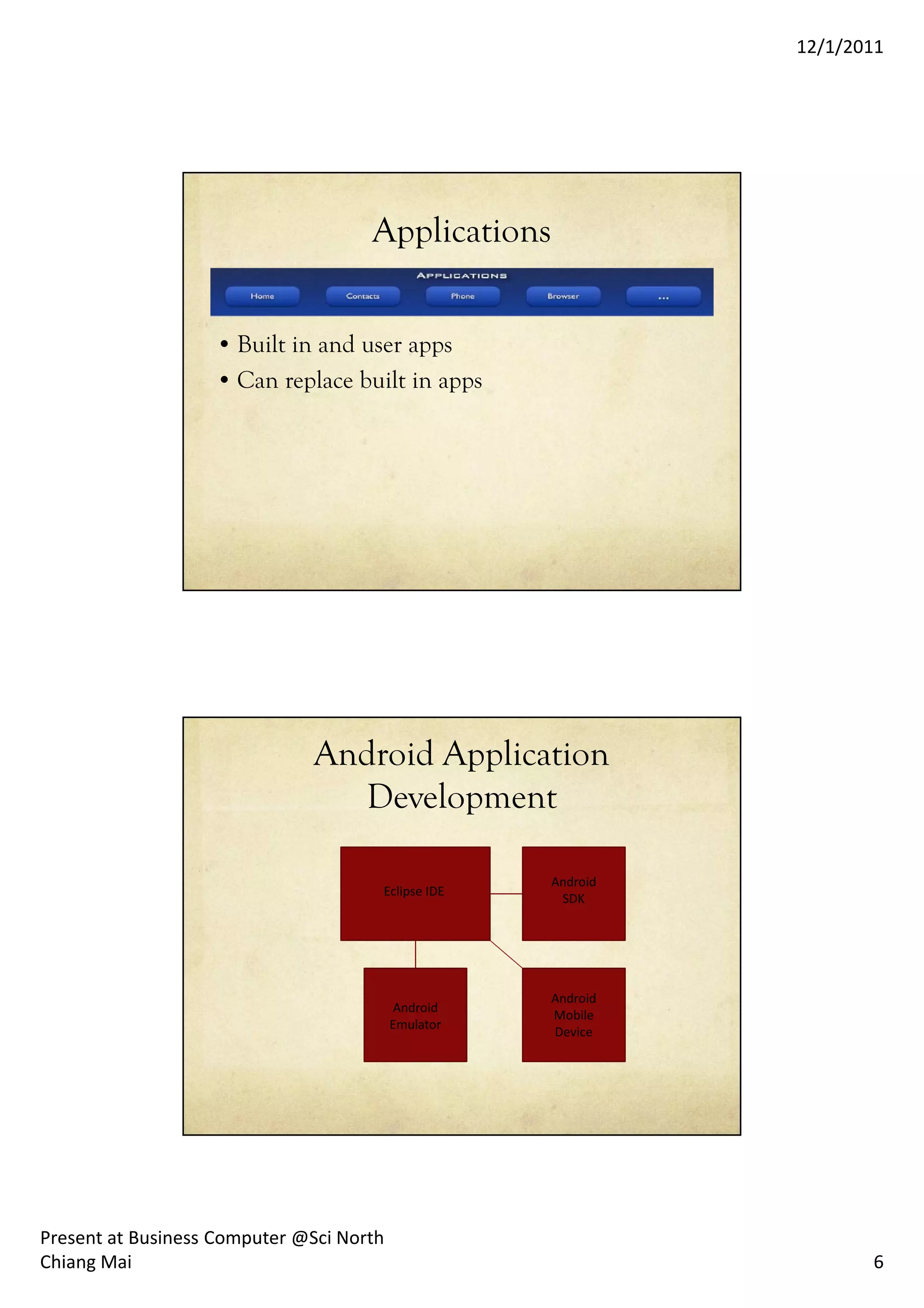 12/1/2011




                                     Applications


                   • Built in and user apps
                   • Can replace built in apps




                               Android Application
                                 Development

                                                     Android
                                      Eclipse IDE
                                                      SDK




                                                     Android
                                          Android
                                                     Mobile
                                          Emulator
                                                     Device




Present at Business Computer @Sci North
Chiang Mai                                                            6
 
