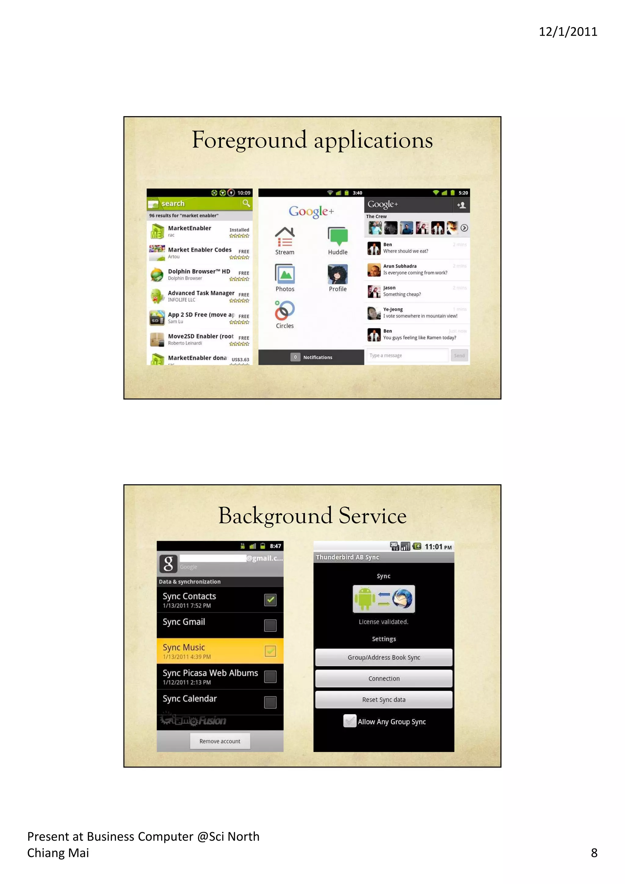 12/1/2011




                           Foreground applications




                               Background Service




Present at Business Computer @Sci North
Chiang Mai                                                  8
 