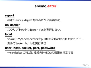 anemo eater
report
n回pt-query-digestを呼ぶたびに画⾯出⼒
no-docker
スクリプトの中でdocker runを実⾏しない。
local
yoku0825/anemoeaterをpullせずにDockerfileを使ってロー
カルでdocker buildを実⾏する
user, host, socket, port, password
--no-dockerの時だけ接続先MySQLの情報を指定する
32/33
 
