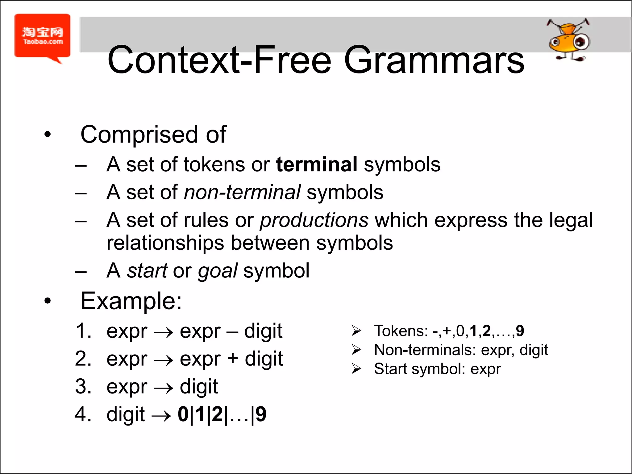 Context-Free GrammarsComprised ofA set of tokens or terminal symbolsA set of non-terminal symbolsA set of rules or productions which express the legal relationships between symbolsA start or goal symbolExample:exprexpr – digitexprexpr + digitexpr digitdigit 0|1|2|…|9Tokens: -,+,0,1,2,…,9