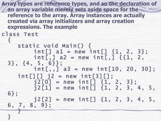 Array types are reference types, and so the declaration of an array variable merely sets aside space for the reference to the array. Array instances are actually created via array initializers and array creation expressions. The example class Test { static void Main() { int[] a1 = new int[] {1, 2, 3}; int[,] a2 = new int[,] {{1, 2, 3}, {4, 5, 6}}; int[,,] a3 = new int[10, 20, 30]; int[][] j2 = new int[3][]; j2[0] = new int[] {1, 2, 3}; j2[1] = new int[] {1, 2, 3, 4, 5, 6}; j2[2] = new int[] {1, 2, 3, 4, 5, 6, 7, 8, 9}; } } 