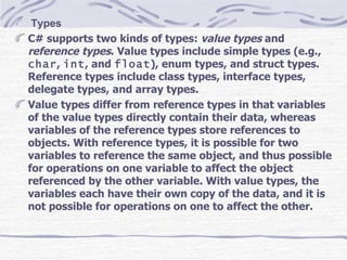 Types C# supports two kinds of types:  value types  and  reference types . Value types include simple types (e.g.,  char ,  int , and  float ), enum types, and struct types. Reference types include class types, interface types, delegate types, and array types. Value types differ from reference types in that variables of the value types directly contain their data, whereas variables of the reference types store references to objects. With reference types, it is possible for two variables to reference the same object, and thus possible for operations on one variable to affect the object referenced by the other variable. With value types, the variables each have their own copy of the data, and it is not possible for operations on one to affect the other. 