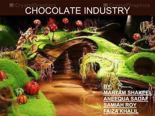 CHOCOLATE INDUSTRY

BY:
MARYAM SHAKEEL
ANEEQUA SADAF
SAMIAH ROY
FAIZA KHALIL

 