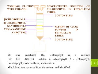 4
β CHLOROPHYLL
α CHLOROPHYLL
XANTHOPHYLL
VIOLA XANTHINE
CAROTENE
COTTON PLUG
SLURRY OF CaCO3
POWDER IN
PETROLEUM
ETHER
COTTON PLUG
CONCENTRATED SOLUTION OF
CHLOROPHYLL IN PETROLEUM
ETHER
WASHING/ ELUTION
WITH ETHANOL
It was concluded that chlorophyll is a mixture
of five different solutes. α –chlorophyll, β - chlorophyll,
xanthophyll, viola xanthene, and carotene .
Each band was removed from the column and identified.
 