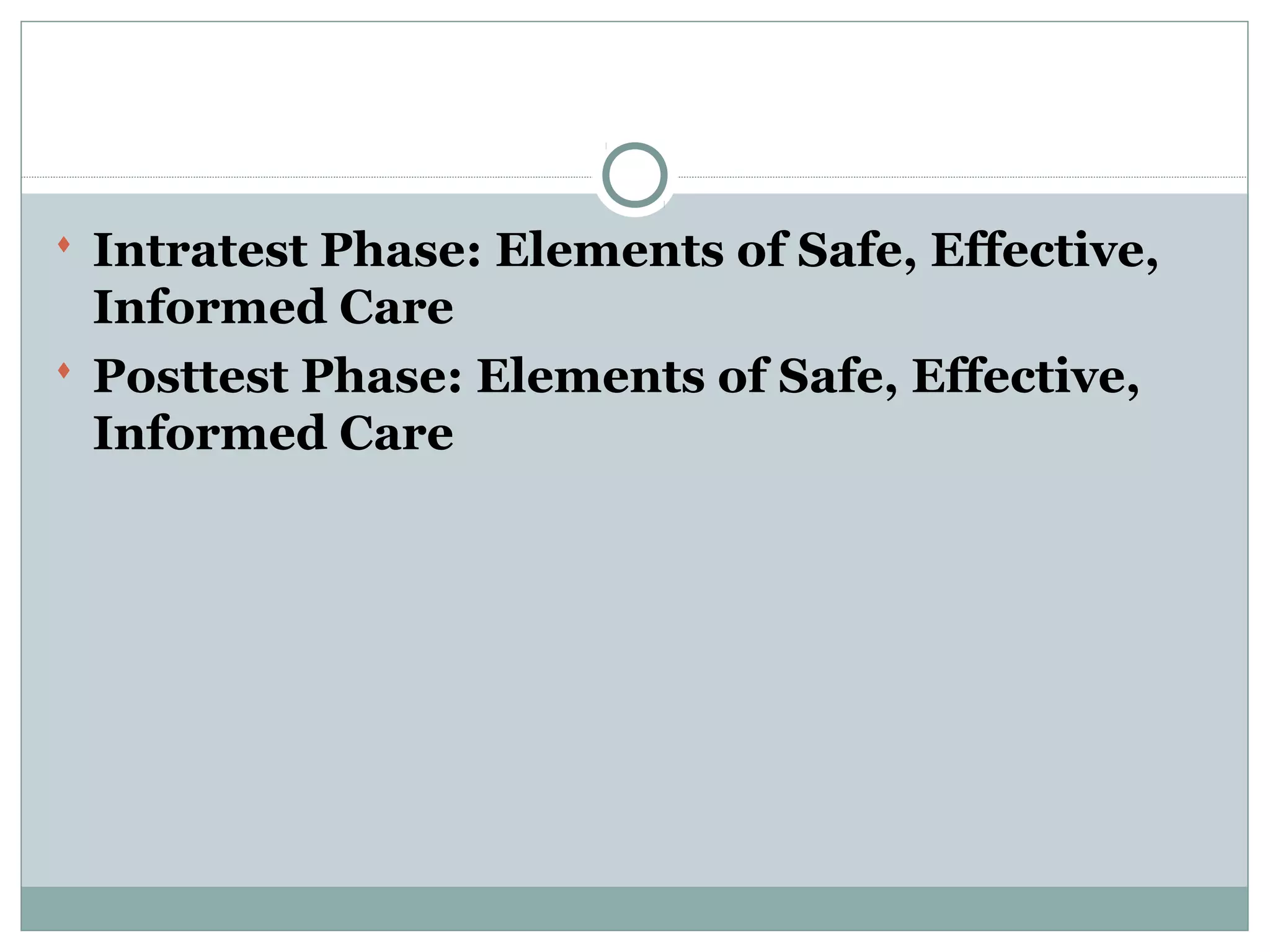  Intratest Phase: Elements of Safe, Effective,
Informed Care
 Posttest Phase: Elements of Safe, Effective,
Informed Care
 