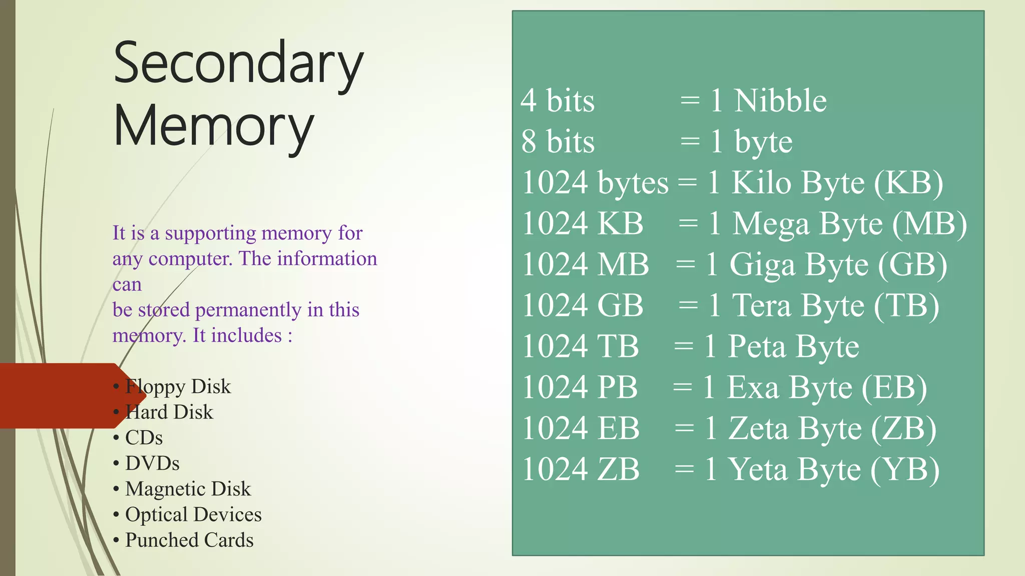 Secondary
Memory
It is a supporting memory for
any computer. The information
can
be stored permanently in this
memory. It includes :
• Floppy Disk
• Hard Disk
• CDs
• DVDs
• Magnetic Disk
• Optical Devices
• Punched Cards
4 bits = 1 Nibble
8 bits = 1 byte
1024 bytes = 1 Kilo Byte (KB)
1024 KB = 1 Mega Byte (MB)
1024 MB = 1 Giga Byte (GB)
1024 GB = 1 Tera Byte (TB)
1024 TB = 1 Peta Byte
1024 PB = 1 Exa Byte (EB)
1024 EB = 1 Zeta Byte (ZB)
1024 ZB = 1 Yeta Byte (YB)
 