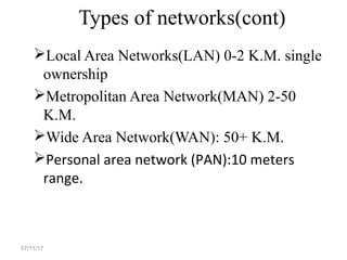 Types of networks(cont)
Local Area Networks(LAN) 0-2 K.M. single
ownership
Metropolitan Area Network(MAN) 2-50
K.M.
Wide Area Network(WAN): 50+ K.M.
Personal area network (PAN):10 meters
range.
07/11/17
 