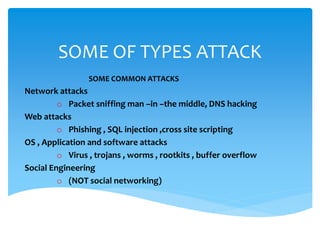 SOME OF TYPES ATTACK
SOME COMMON ATTACKS
Network attacks
o Packet sniffing man –in –the middle, DNS hacking
Web attacks
o Phishing , SQL injection ,cross site scripting
OS , Application and software attacks
o Virus , trojans , worms , rootkits , buffer overflow
Social Engineering
o (NOT social networking)
 