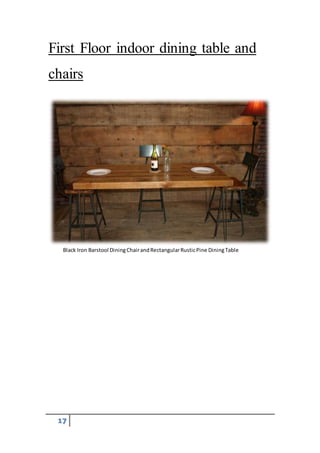 17
First Floor indoor dining table and
chairs
Black Iron Barstool DiningChairandRectangularRusticPine DiningTable
 