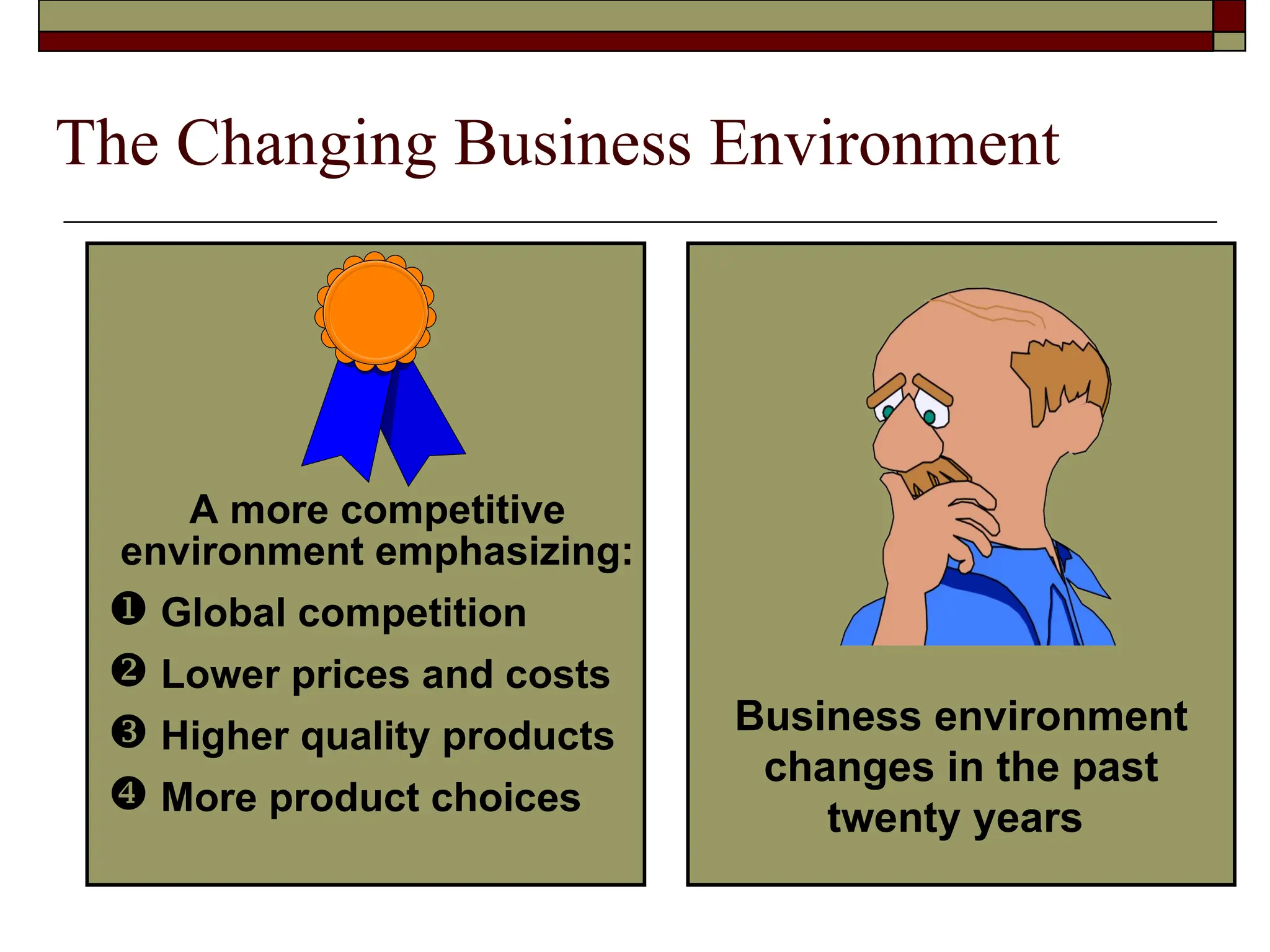 The Changing Business Environment
A more competitive
environment emphasizing:
 Global competition
 Lower prices and costs
 Higher quality products
 More product choices
Business environment
changes in the past
twenty years
 