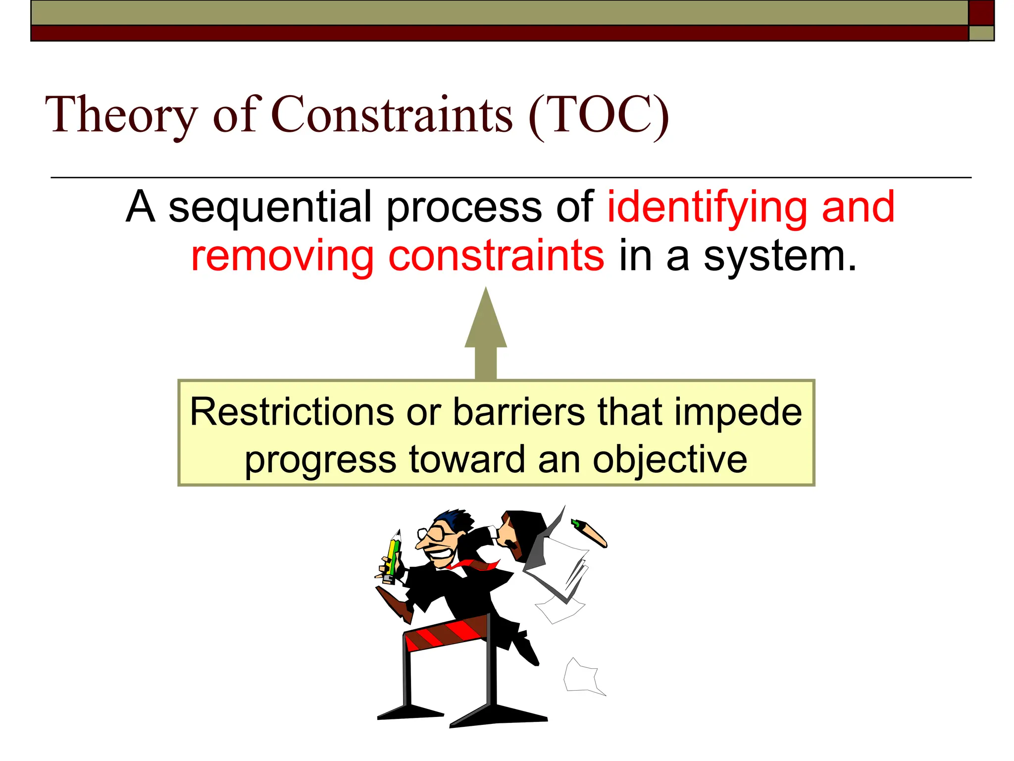 Theory of Constraints (TOC)
A sequential process of identifying and
removing constraints in a system.
Restrictions or barriers that impede
progress toward an objective
 