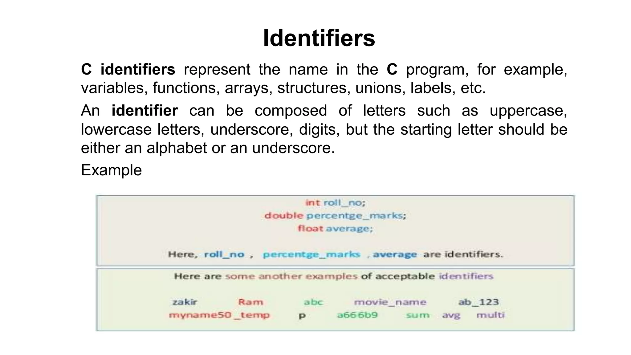 Identifiers
• C identifiers represent the name in the C program, for example,
variables, functions, arrays, structures, unions, labels, etc.
• An identifier can be composed of letters such as uppercase,
lowercase letters, underscore, digits, but the starting letter should be
either an alphabet or an underscore.
• Example
 