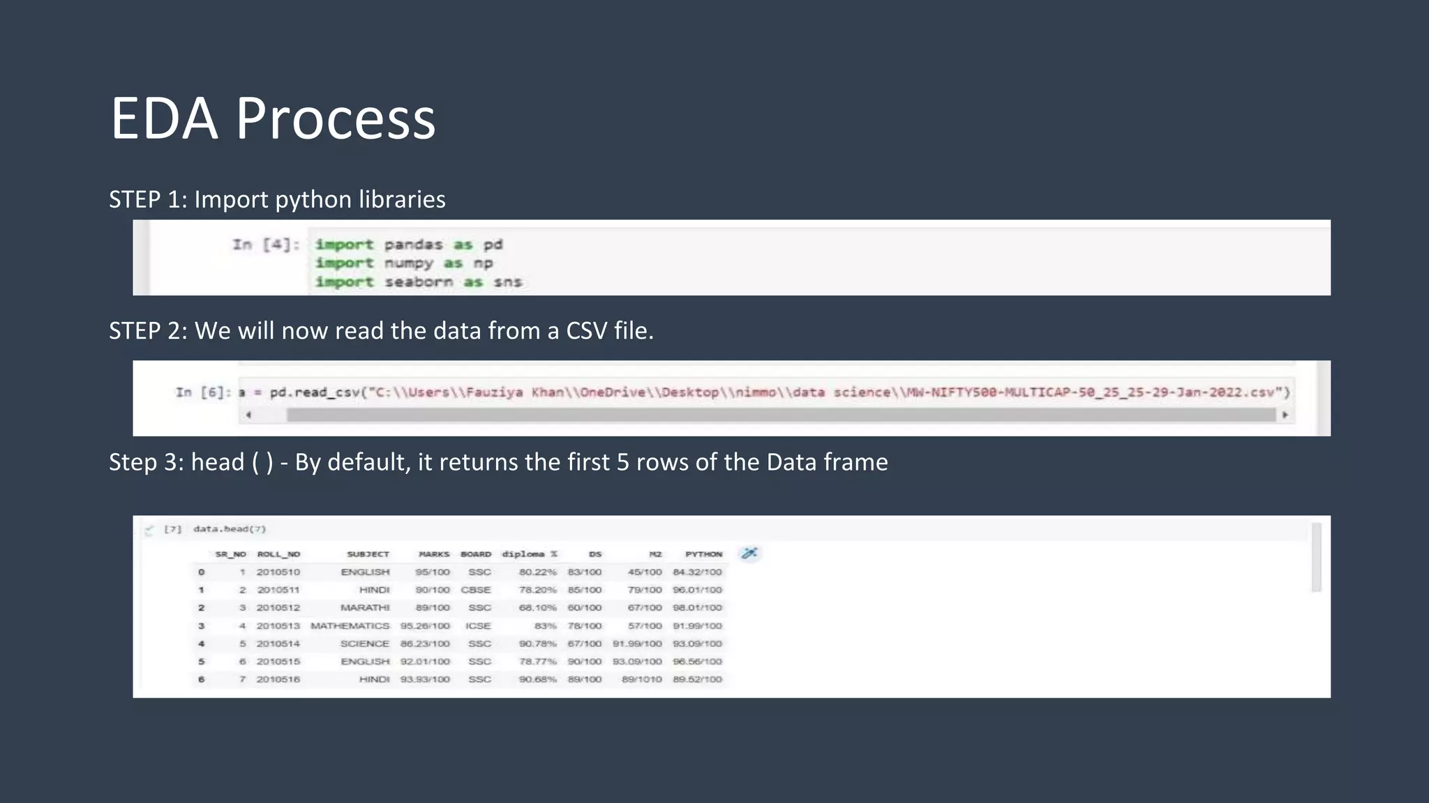 EDA Process
STEP 1: Import python libraries
STEP 2: We will now read the data from a CSV file.
Step 3: head ( ) - By default, it returns the first 5 rows of the Data frame
 