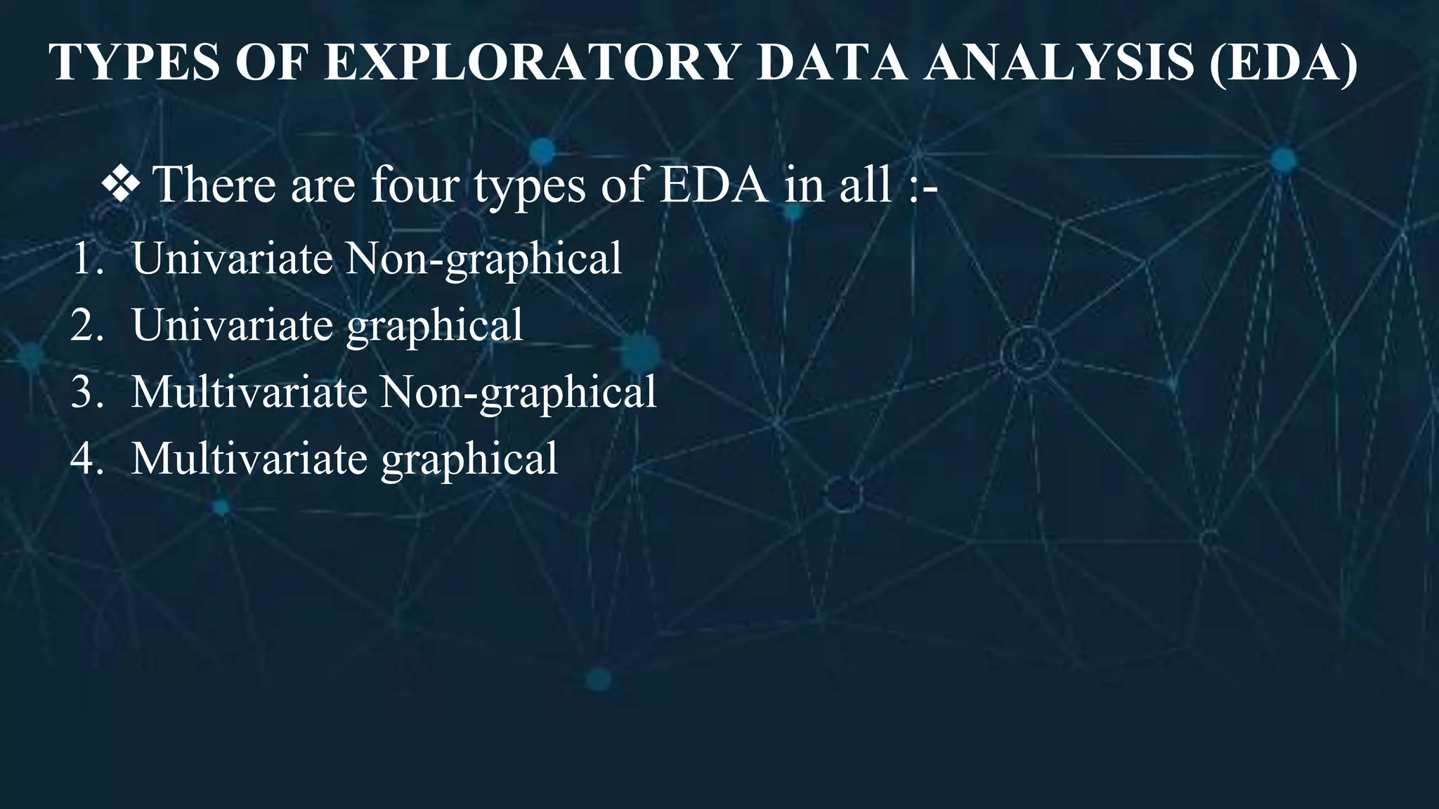 TYPES OF EXPLORATORY DATA ANALYSIS (EDA)
❖There are four types of EDA in all :-
1. Univariate Non-graphical
2. Univariate graphical
3. Multivariate Non-graphical
4. Multivariate graphical
 