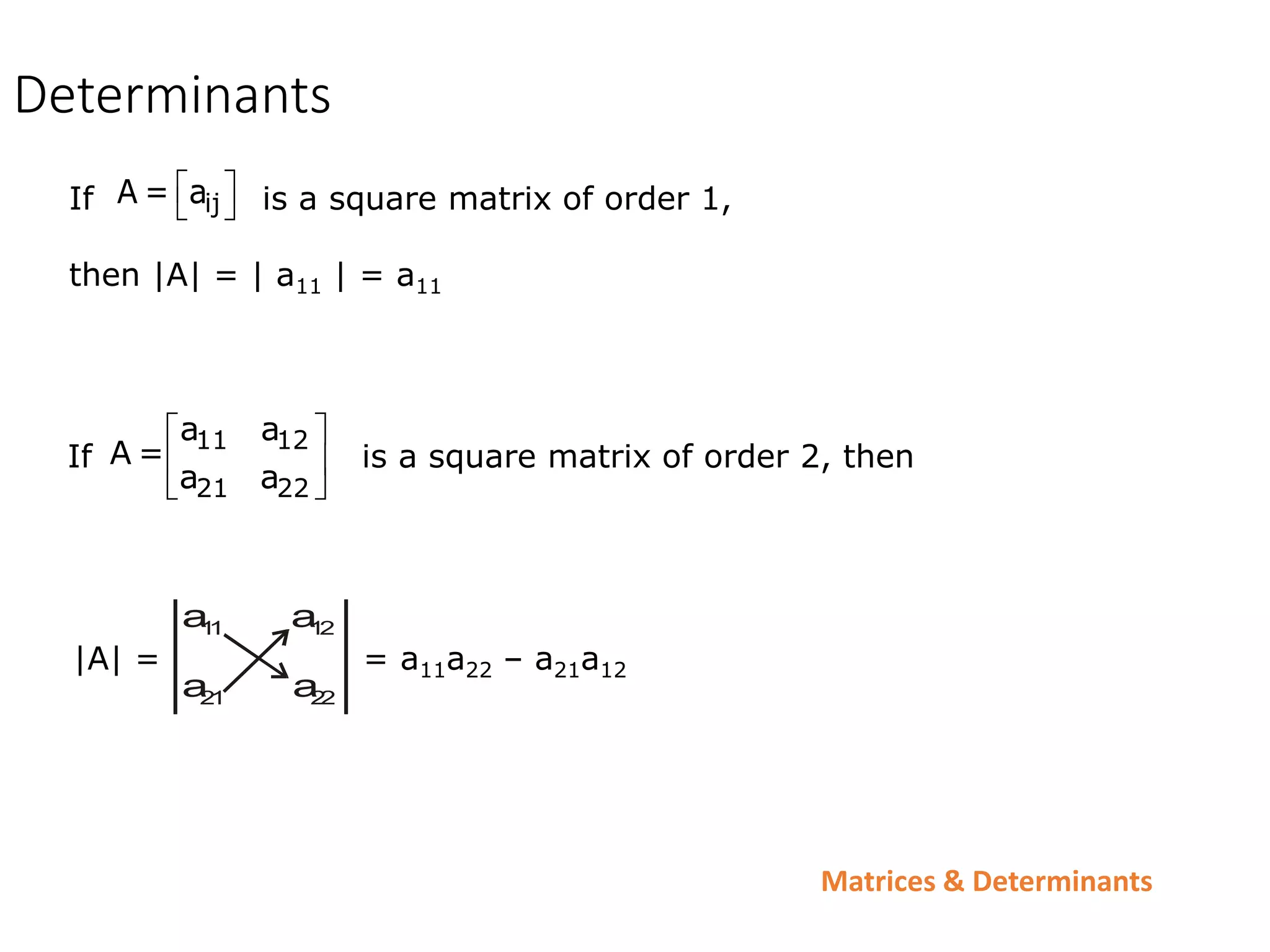 Matrices & Determinants
Determinants
If is a square matrix of order 1,
then |A| = | a11 | = a11
ij
A = a
 
 
If is a square matrix of order 2, then
11 12
21 22
a a
A =
a a
 
 
 
|A| = = a11a22 – a21a12
a a
a a
1
1 1
2
2
1 2
2
 