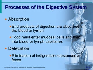 Processes of the Digestive System
Processes of the Digestive System
Slide
Copyright © 2003 Pearson Education, Inc. publishing as Benjamin Cummings
• Absorption
•End products of digestion are absorbed in
the blood or lymph
•Food must enter mucosal cells and then
into blood or lymph capillaries
• Defecation
•Elimination of indigestible substances as
feces
 