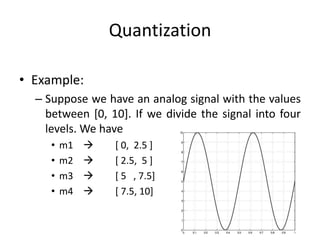 Quantization
• Example:
– Suppose we have an analog signal with the values
between [0, 10]. If we divide the signal into four
levels. We have
• m1  [ 0, 2.5 ]
• m2  [ 2.5, 5 ]
• m3  [ 5 , 7.5]
• m4  [ 7.5, 10]
 