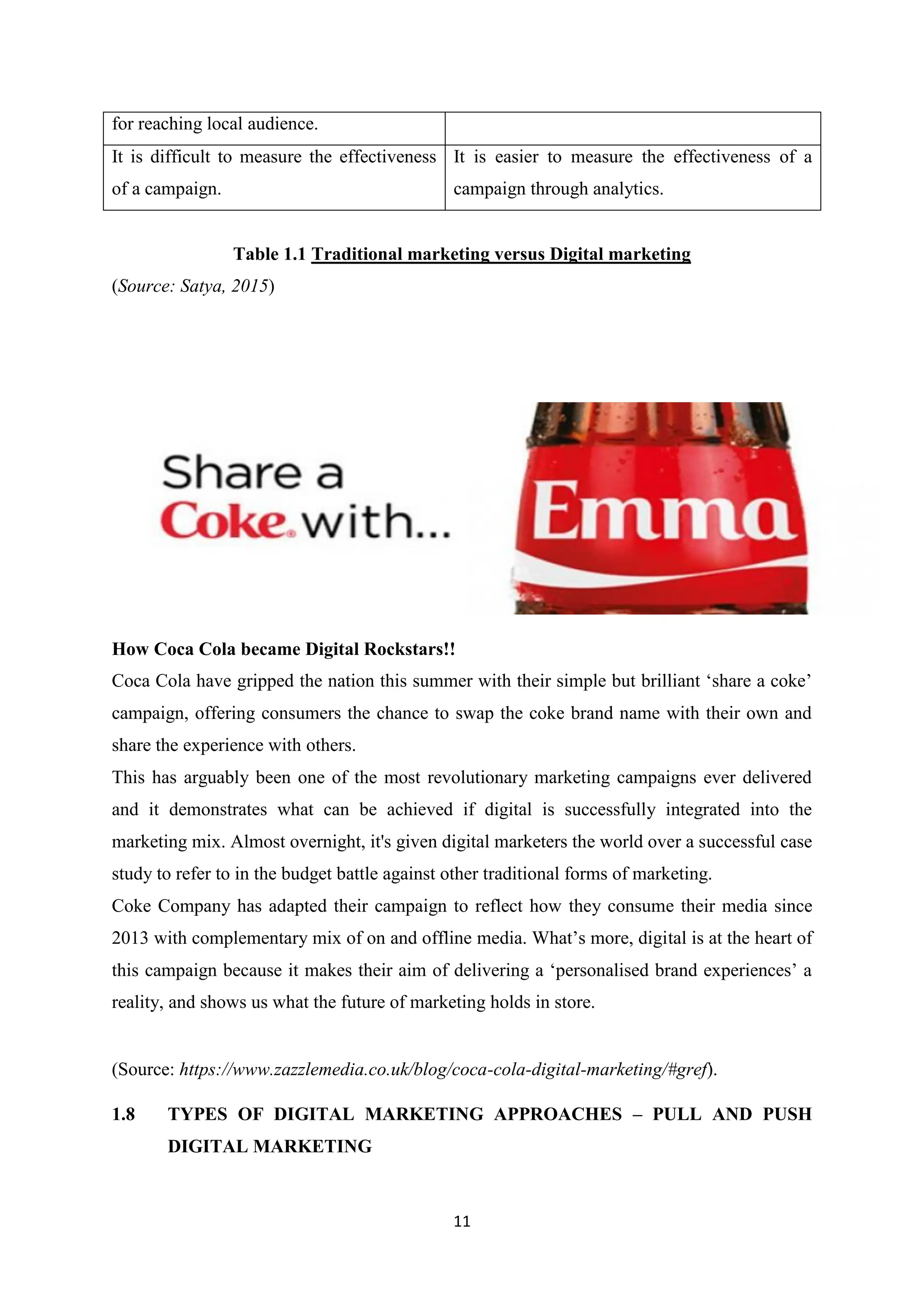 11
for reaching local audience.
It is difficult to measure the effectiveness
of a campaign.
It is easier to measure the effectiveness of a
campaign through analytics.
Table 1.1 Traditional marketing versus Digital marketing
(Source: Satya, 2015)
How Coca Cola became Digital Rockstars!!
Coca Cola have gripped the nation this summer with their simple but brilliant ‘share a coke’
campaign, offering consumers the chance to swap the coke brand name with their own and
share the experience with others.
This has arguably been one of the most revolutionary marketing campaigns ever delivered
and it demonstrates what can be achieved if digital is successfully integrated into the
marketing mix. Almost overnight, it's given digital marketers the world over a successful case
study to refer to in the budget battle against other traditional forms of marketing.
Coke Company has adapted their campaign to reflect how they consume their media since
2013 with complementary mix of on and offline media. What’s more, digital is at the heart of
this campaign because it makes their aim of delivering a ‘personalised brand experiences’ a
reality, and shows us what the future of marketing holds in store.
(Source: https://www.zazzlemedia.co.uk/blog/coca-cola-digital-marketing/#gref).
1.8 TYPES OF DIGITAL MARKETING APPROACHES – PULL AND PUSH
DIGITAL MARKETING
 