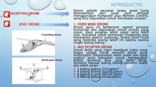 Drone adalah pesawat tanpa awak yang
dikendalikan dari jarak jauh dengan
menggunakan Komputer atau Remote Control,
yang bisa digunakan untuk membawa muatan
PENGERTIAN DRONE
1. FIXED WING DRONE
Drone jenis ini berbentuk seperti pesawat
komersial dan digunakan untuk proses yang
cepat, daya jangkau lebih cepat serta lebih
luas, biasanya untuk pemetaan (mapping) atau
konsepnya seperti scanning, Drone jenis Fixed
wing memiliki energi lebih irit baterai karena
single baling baling.
JENIS DRONE
2. MULTICOPTER DRONE
Untuk Anda yang ingin membuat video yang
bagus sangat cocok memilih drone yang
multicopter dikarenakan lebih stabil dan daya
angkut serta kekuatan untuk mengangkat
beban (kemera) bisa yang lebih berat,
Semakin banyak baling baling semakin stabil
dan lebih aman :
3 baling baling (Tricopter)
4 baling baling (Quadcopter)
6 baling baling (HexaCopter)
8 Baling baling (Octacopter)
Fixed Wing Drone
MultiCopter Drone
INTRODUCTIO
N
 