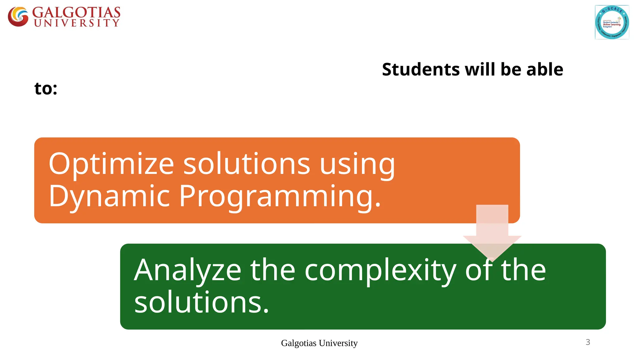 Galgotias University 3
At the end of this session students will beS Students will be able
to:
Optimize solutions using
Dynamic Programming.
Analyze the complexity of the
solutions.
 