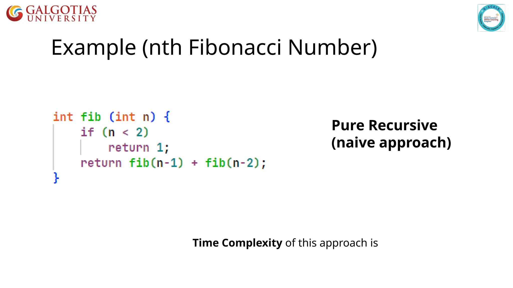 Example (nth Fibonacci Number)
Pure Recursive
(naive approach)
Time Complexity of this approach is
 