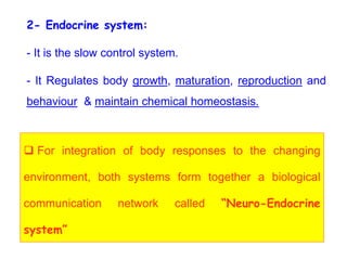 2- Endocrine system:
- It is the slow control system.
- It Regulates body growth, maturation, reproduction and
behaviour & maintain chemical homeostasis.
 For integration of body responses to the changing
environment, both systems form together a biological
communication network called “Neuro-Endocrine
system”
 