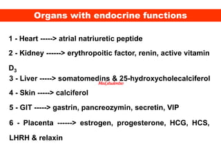 Organs with endocrine functions
1 - Heart -----> atrial natriuretic peptide
2 - Kidney ------> erythropoitic factor, renin, active vitamin
D3
3 - Liver -----> somatomedins & 25-hydroxycholecalciferol
4 - Skin -----> calciferol
5 - GIT -----> gastrin, pancreozymin, secretin, VIP
6 - Placenta ------> estrogen, progesterone, HCG, HCS,
LHRH & relaxin
Med_students0
 