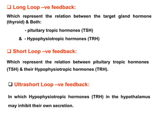  Long Loop –ve feedback:
Which represent the relation between the target gland hormone
(thyroid) & Both:
- pituitary tropic hormones (TSH)
& - Hypophysiotropic hormones (TRH)
 Short Loop –ve feedback:
Which represent the relation between pituitary tropic hormones
(TSH) & their Hypophysiotropic hormones (TRH).
 Ultrashort Loop –ve feedback:
In which Hypophysiotropic hormones (TRH) in the hypothalamus
may inhibit their own secretion.
 