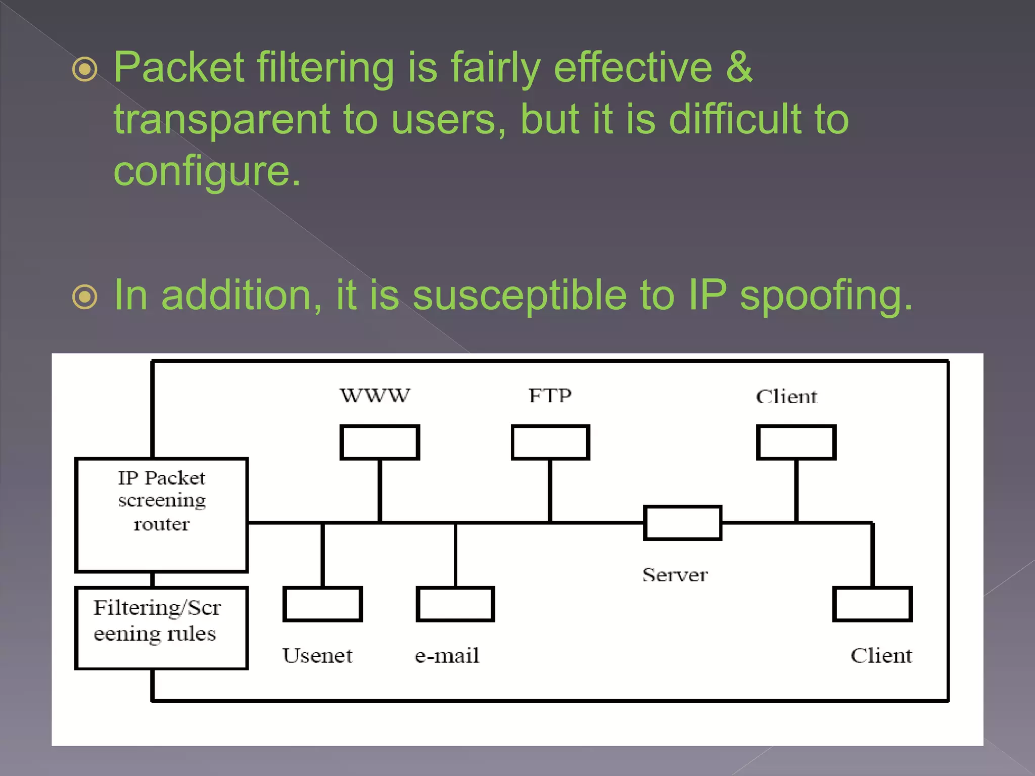 Packet filtering is fairly effective &
transparent to users, but it is difficult to
configure.
 In addition, it is susceptible to IP spoofing.
 