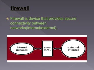  Firewall is device that provides secure
connectivity between
networks(internal/external).
 