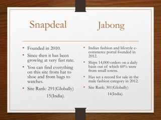 Snapdeal
• Founded in 2010.
• Since then it has been
growing at very fast rate.
• You can find everything
on this site from hat to
shoe and from bags to
watches.
• Site Rank: 291(Globally)
15(India).
Jabong
• Indian fashion and lifestyle e-
commerce portal founded in
2012.
• Ships 14,000 orders on a daily
basis out of which 60% were
from small towns.
• Has set a record for sale in the
male fashion category in 2012.
• Site Rank: 301(Globally)
14(India).
 