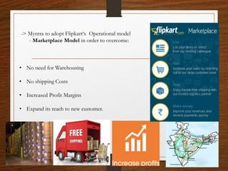 -> Myntra to adopt Flipkart‘s Operational model
- Marketplace Model in order to overcome:
• No need for Warehousing
• No shipping Costs
• Increased Profit Margins
• Expand its reach to new customer.
 