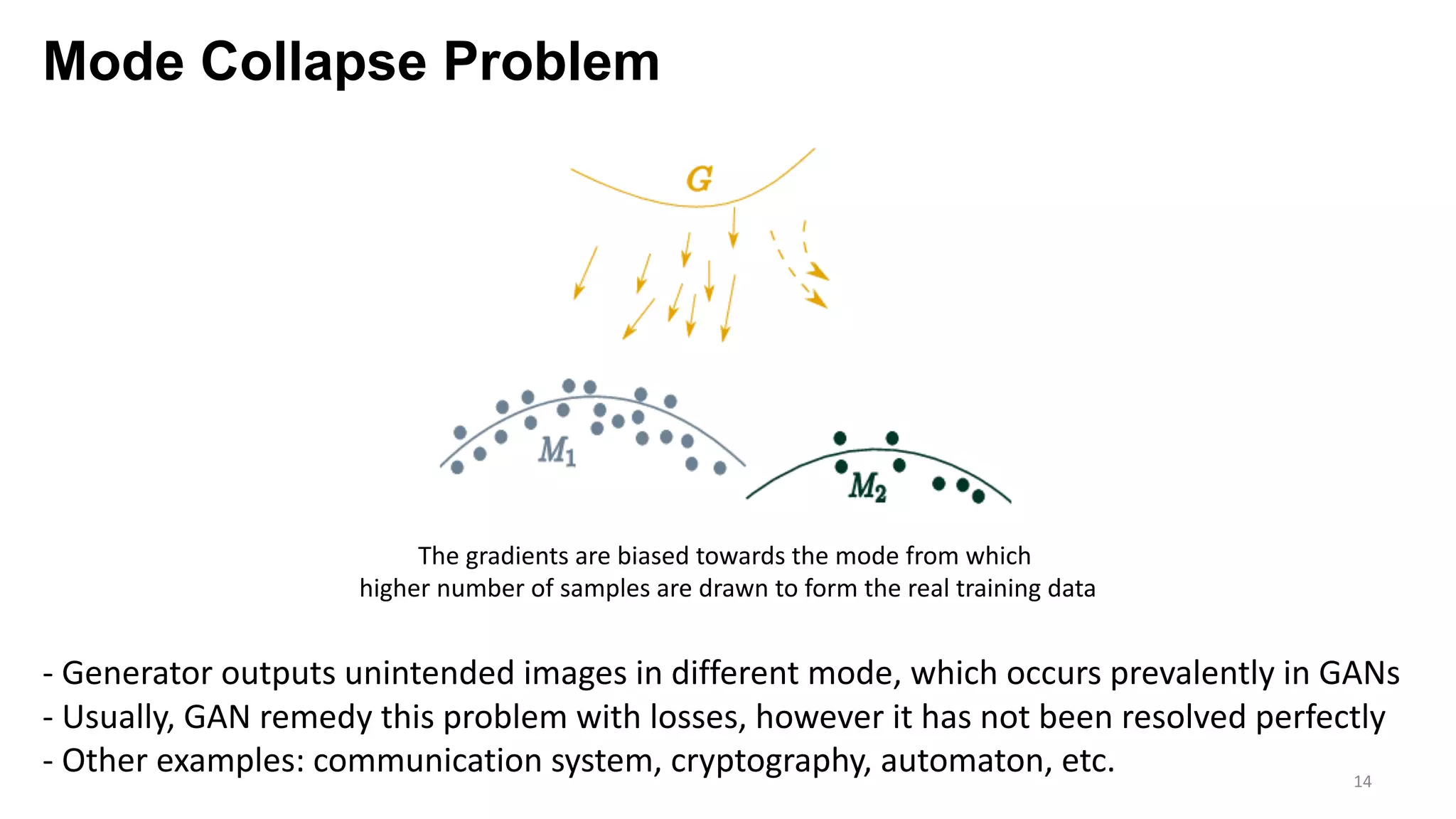 Mode Collapse Problem
14
The gradients are biased towards the mode from which
higher number of samples are drawn to form the real training data
- Generator outputs unintended images in different mode, which occurs prevalently in GANs
- Usually, GAN remedy this problem with losses, however it has not been resolved perfectly
- Other examples: communication system, cryptography, automaton, etc.
 