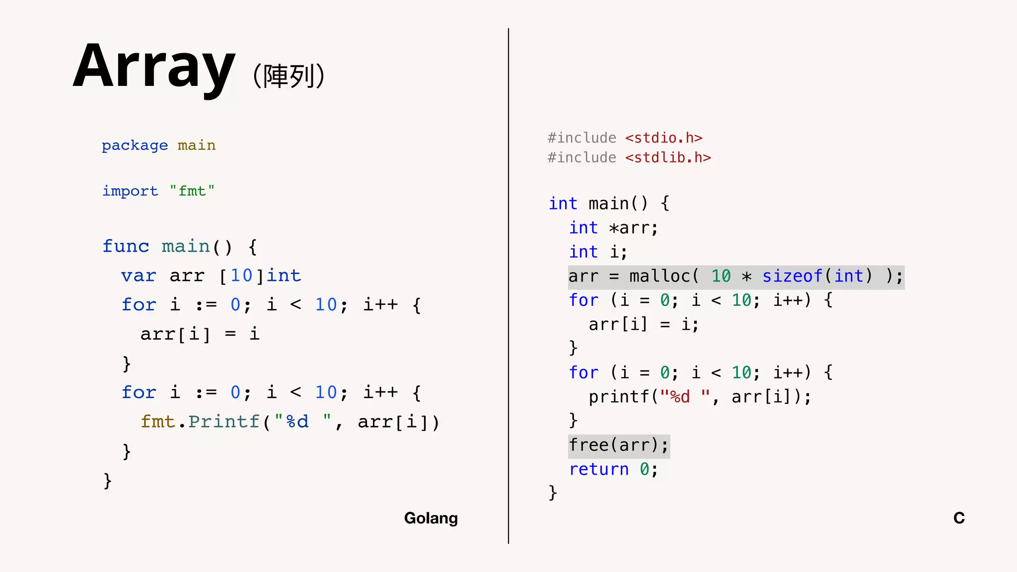 #include <stdio.h>
#include <stdlib.h>
int main() {
int *arr;
int i;
arr = malloc( 10 * sizeof(int) );
for (i = 0; i < 10; i++) {
arr[i] = i;
}
for (i = 0; i < 10; i++) {
printf("%d ", arr[i]);
}
free(arr);
return 0;
}
package main
import "fmt"
func main() {
var arr [10]int
for i := 0; i < 10; i++ {
arr[i] = i
}
for i := 0; i < 10; i++ {
fmt.Printf("%d ", arr[i])
}
}
Golang C
Array（陣列）
 