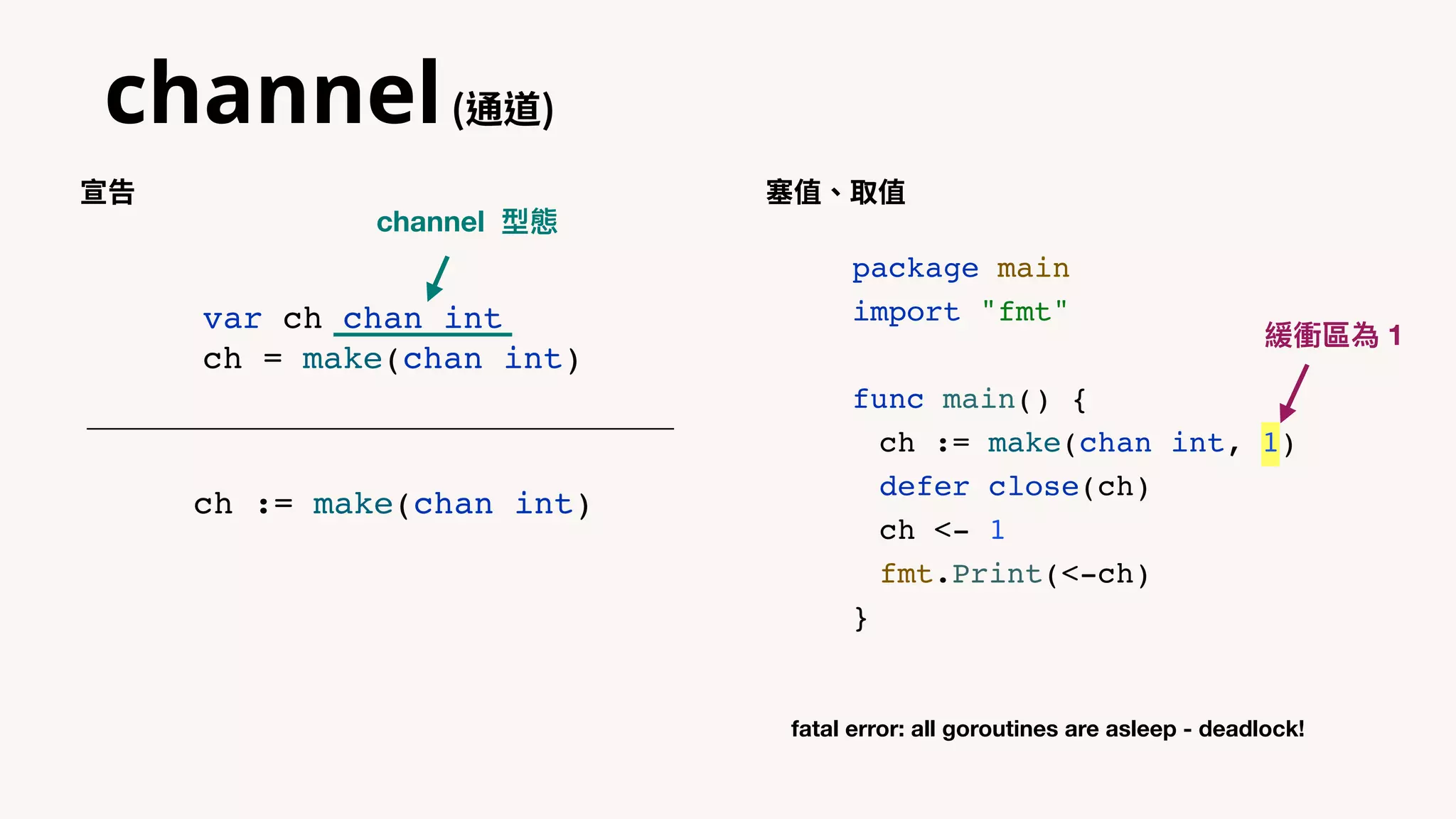 channel(通道)
package main
import "fmt"
func main() {
ch := make(chan int, 1)
defer close(ch)
ch <- 1
fmt.Print(<-ch)
}
var ch chan int
ch = make(chan int)
ch := make(chan int)
宣告 塞值、取值
fatal error: all goroutines are asleep - deadlock!
緩衝區為 1
channel 型態
 
